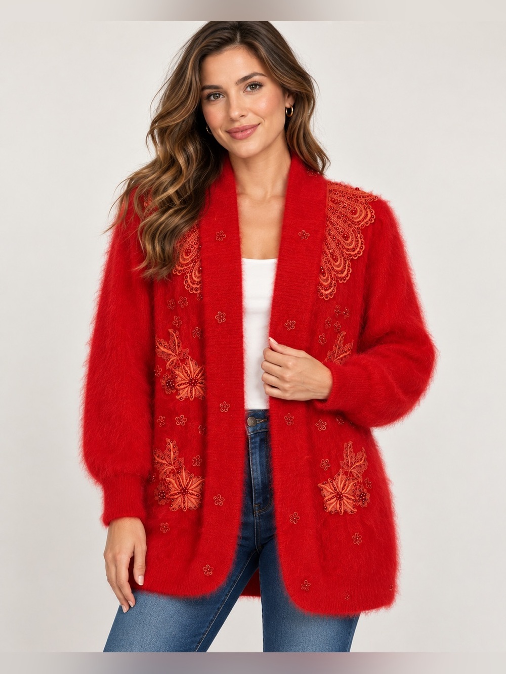 BigStar Red 80% Angora Wool Embroidered Beaded Fuzzy Cardigan Coat
